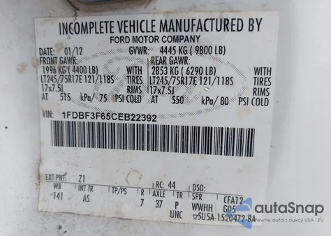 2012 Ford F-350 Chassis Xl из США, поврежденный, VIN 1FDBF3F65CEB22392